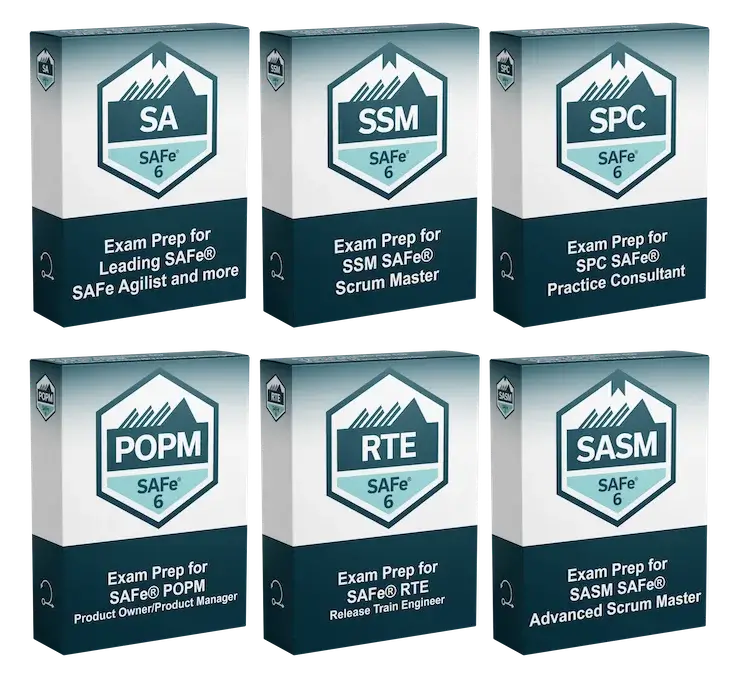 Leading SAFe™ (SA), SAFe™ Scrum Master (SSM), SAFe™ Advanced Scrum Master (SASM), SAFe™ Product Owner/Product Manager (POPM), SAFe™ Release Train Engineer (RTE), SAFe™ Practice Consultant (SPC) practice exams